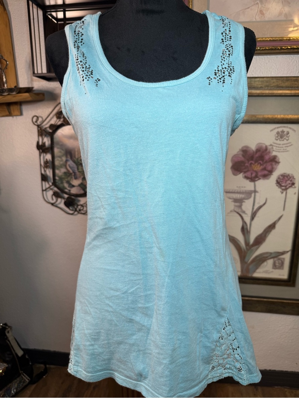 Jody California Light Blue Rhinestone Studded Lace Back Tank Top โขSize XLโ โข